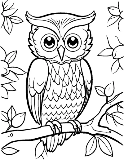 An owl with ear tufts and rows of chest feathers sits on a branch surrounded by leaves.