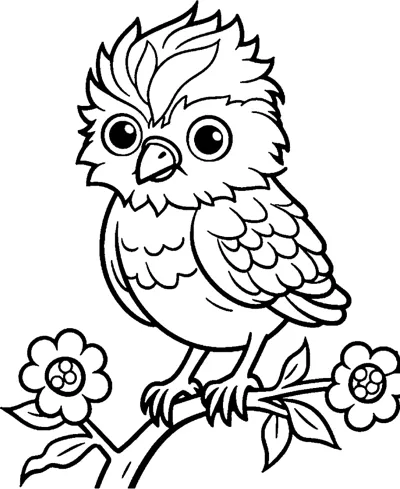 A bird with a tall feathered crest perches on a branch with flowers and leaves.