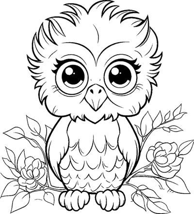 A fluffy owlet with huge eyes sits on a branch with roses and leaves on either side.