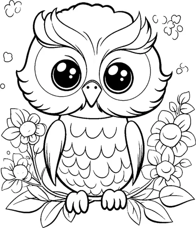 An owl with very large eyes and scalloped chest feathers sits among flowers and leaves.