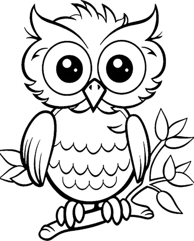 A round owl with huge eyes and scalloped feathers sits on a branch with a few leaves.