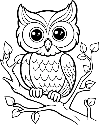 An owl with ear tufts and scalloped chest feathers sits on a twisting bare branch with small leaves.