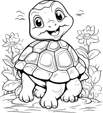 A smiling turtle with a patterned shell walks on the ground with flowers and clouds around it.