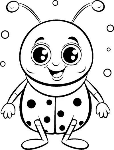 A cartoon ladybug with huge eyes, antennae and a spotted body stands upright with small circles floating around.