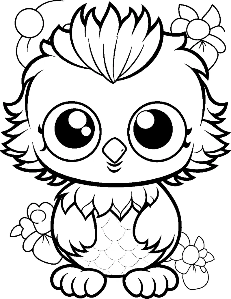 A fluffy owlet with enormous eyes and a spiky crest sits facing forward with small flowers at its feet.