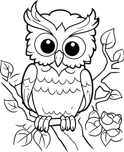 A small owl with big eyes and scalloped feathers sits on a twig with leaves on both sides.