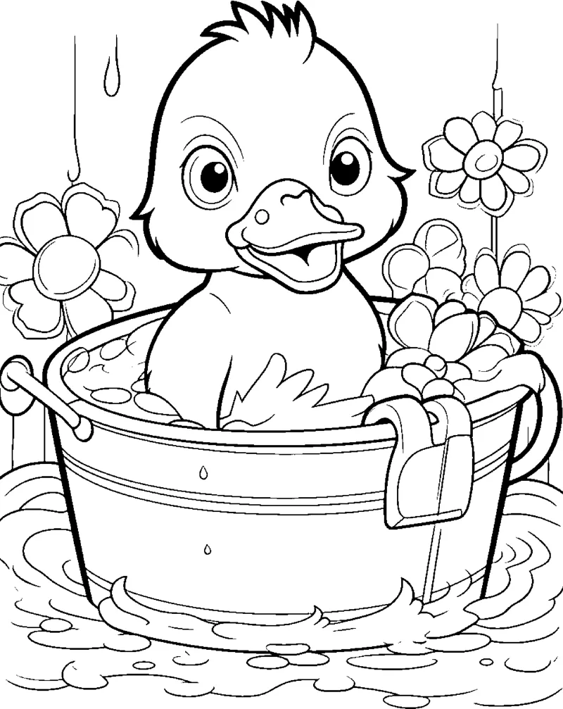 A duckling sits in a wooden tub of water with a towel on the rim and flowers behind it.