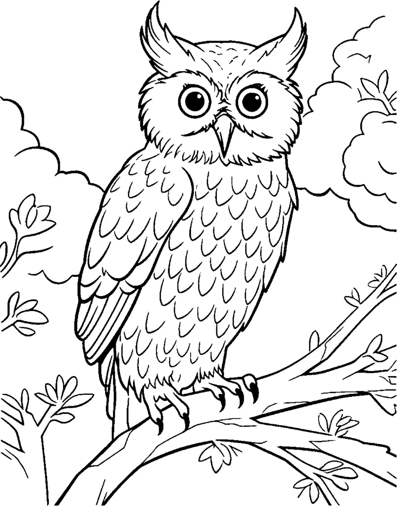 A finely feathered owl perches on a branch with bushes, trees and clouds in the background.