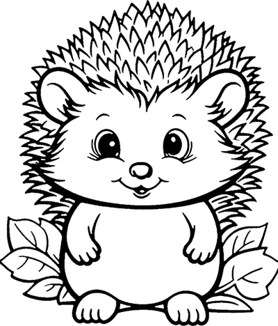 A round hedgehog with big eyes and a spiky back sits facing forward with leaves on either side.