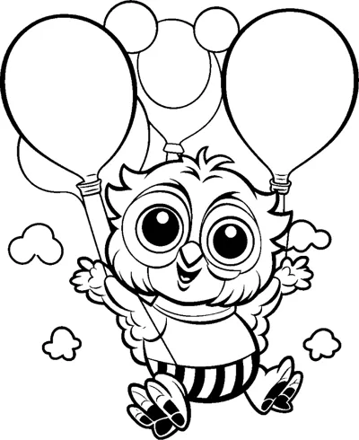 A small bird with big eyes floats in the air holding two balloons, with clouds around it.
