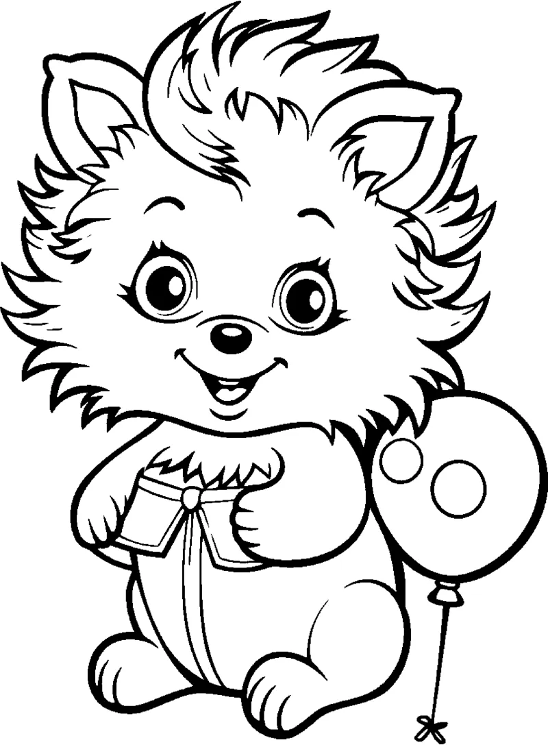 A fluffy hedgehog with big eyes holds a wrapped gift and a balloon on a string.
