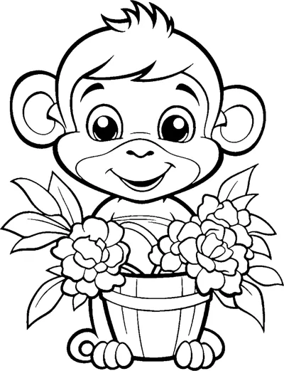 A smiling monkey with big round ears sits behind a wooden bucket filled with flowers.