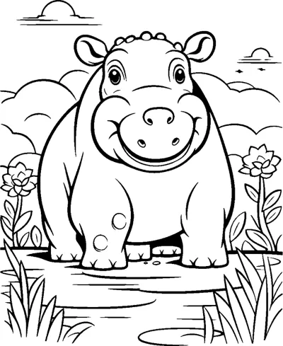 A smiling hippo stands at the edge of a pond with flowers, grass and clouds around it.