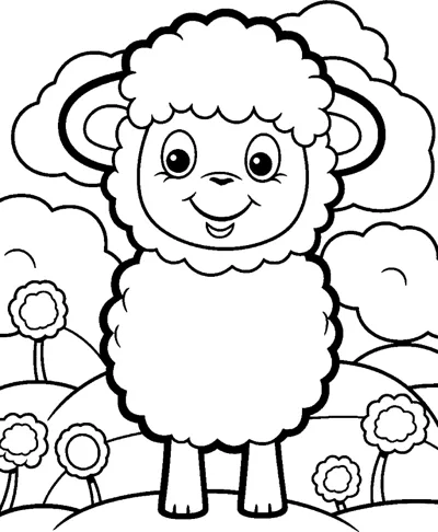 A smiling lamb with a cloud-shaped coat stands facing forward with flowers and bushes behind it.