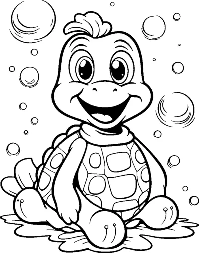 A smiling turtle with a plated shell sits on the ground with bubbles floating around it.