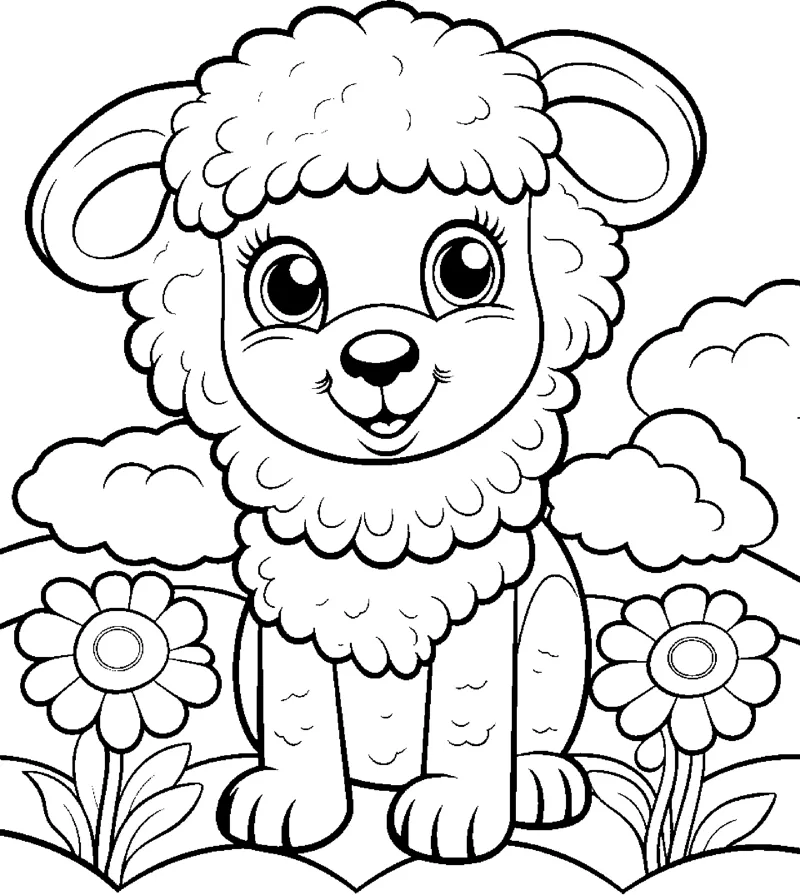 A fluffy lamb with curly wool sits facing forward among flowers, bushes and clouds.