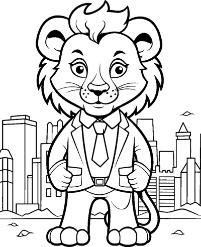 A cartoon lion wearing a suit and tie stands in front of tall city buildings.