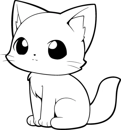 A kitten with large round eyes and pointed ears sits with its tail curled beside it.