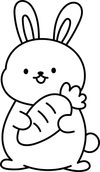 A round bunny with tall ears hugs a carrot against its chest.