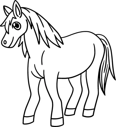 A cartoon pony with a long flowing mane and tail stands in profile.