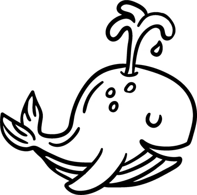 A round whale with a spout of water from its blowhole and a curling tail swims sideways.