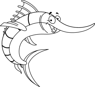 A cartoon swordfish with a long pointed bill and striped fins leaps to the right.
