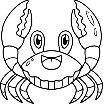 A smiling crab with big eyes raises two large claws above its head, with striped legs spread out.