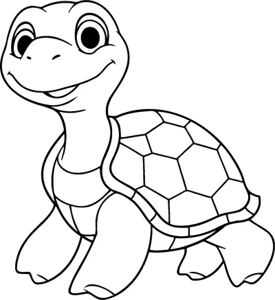 A cartoon tortoise with a patterned shell and big eyes walks to the right.