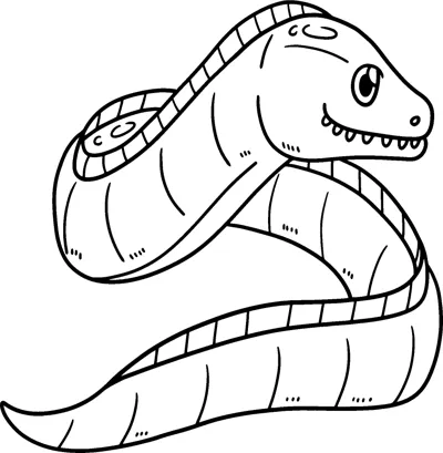 A long eel with stripes along its body curls into an S shape with its head raised.