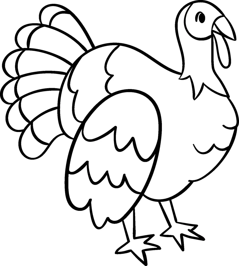A cartoon turkey with a fanned tail of wide feathers stands facing right.