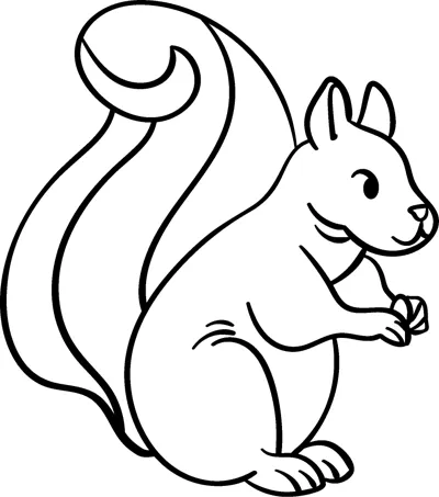 A squirrel with a large curling tail sits up holding a small acorn in its paws.