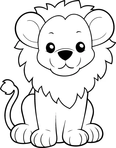 A cartoon lion cub with a fluffy mane and big eyes sits facing forward.