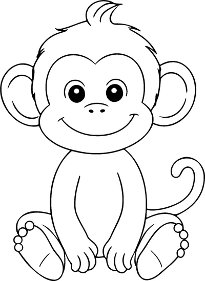A cartoon baby monkey with big round ears sits facing forward with its tail curled up.