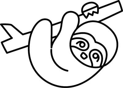 A smiling sloth hangs upside down from a branch, gripping it with all four limbs.
