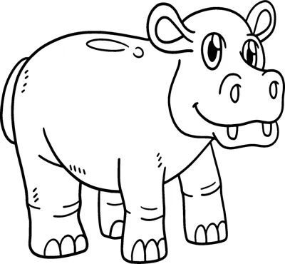 A cartoon hippo with a wide grin and small ears stands facing left.