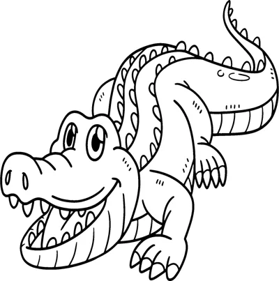 A cartoon crocodile with a ridged back and open toothy jaws crawls to the left.