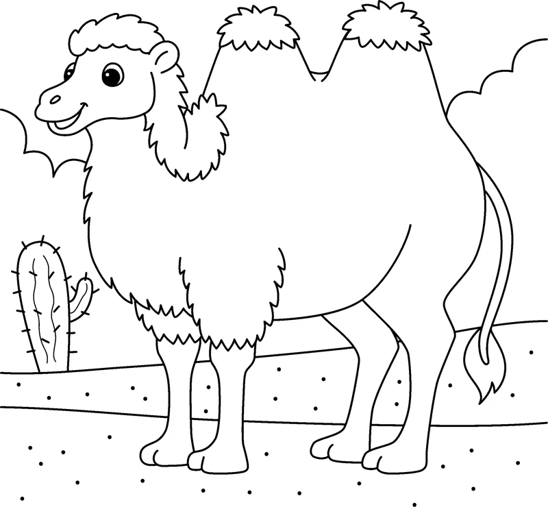 A two-humped camel stands in a desert with a cactus and bushes behind it.