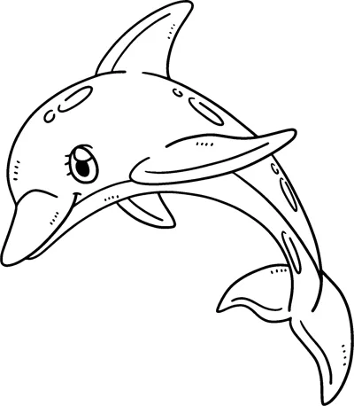 A smiling dolphin with a few spots dives downward with its tail curving up.