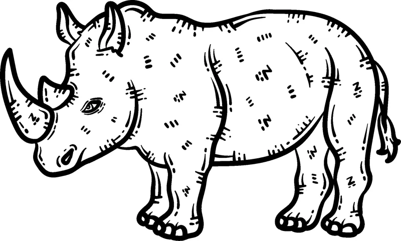 A rhinoceros with two horns and textured skin stands in profile facing left.