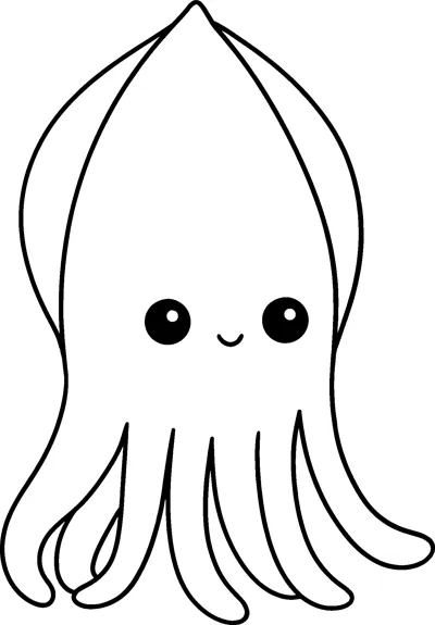 A squid with a pointed head, two dot eyes and long trailing tentacles faces forward.