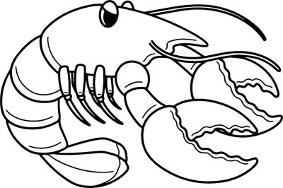 A lobster with big eyes, a segmented tail and two large claws faces to the right.
