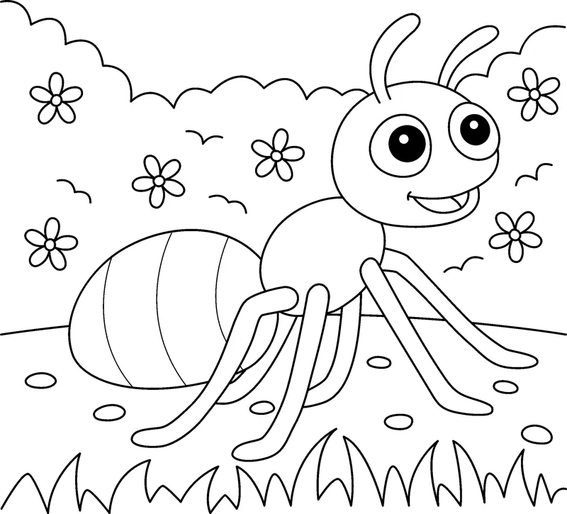 A cartoon ant with big eyes walks on grass with flowers and bushes behind it.