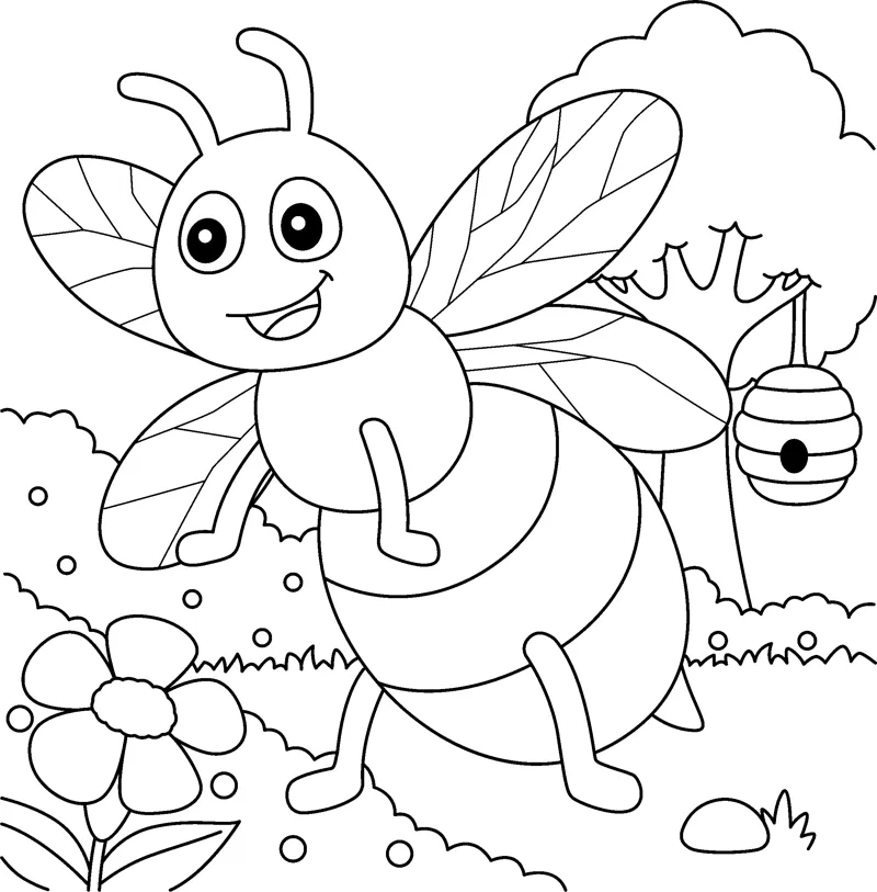 A big-eyed bee with veined wings flies in a meadow with a hive hanging from a tree.