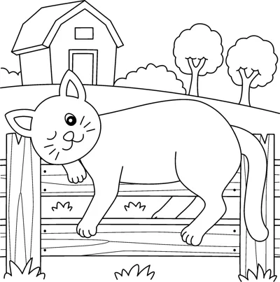 A cat sits on a wooden fence with a barn and trees in the background.