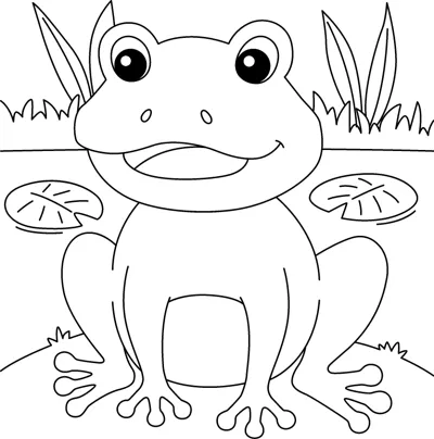 A big-eyed frog sits facing forward with lily pads and reeds around it.