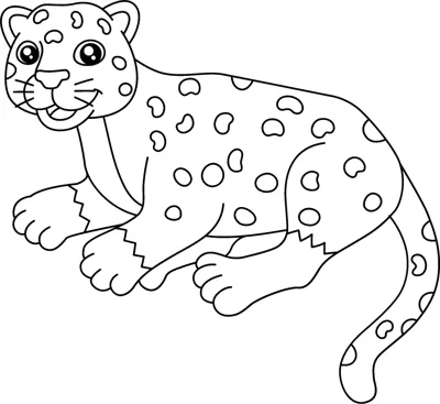 A cartoon leopard covered in spots lies down with its tail curling behind it.