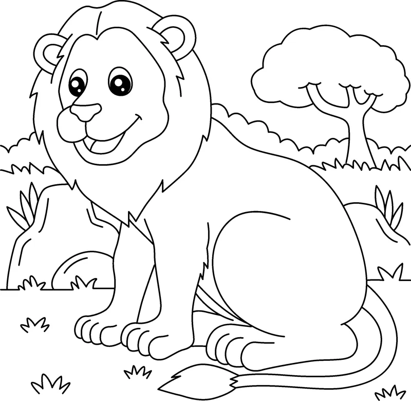 A lion with a full mane sits on grass with a tree, rocks and bushes behind it.
