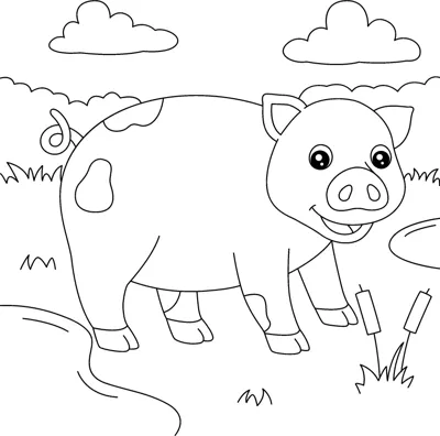 A smiling pig with a spot on its back stands in a field with clouds and reeds behind it.