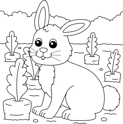 A big-eyed rabbit sits in a garden with carrot tops sprouting around it.