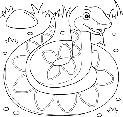 A snake with a flower-like pattern on its coils rests with its head raised and tongue out.